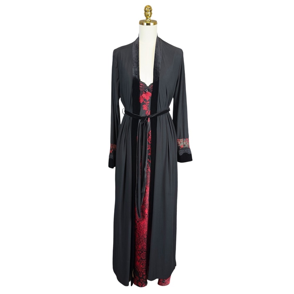 In Bloom by Jonquil Black Red Velvet Lace Satin Maxi Nightgown/Robe Set Medium